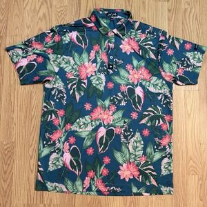 Bad Birdie Golf Polo Shirt Mens L  Stretch Hawaiian All Over Print AOP Floral
